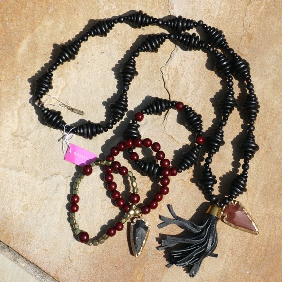 Handmade Ethnic Necklace Long Boho Leather & Wood Beaded Tassel Arrow Tribal NWT - Picture 5 of 7